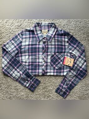 NWT Blue Mountain Women’s Plaid Flannel Button Down Shirt Medium Pink Navy White